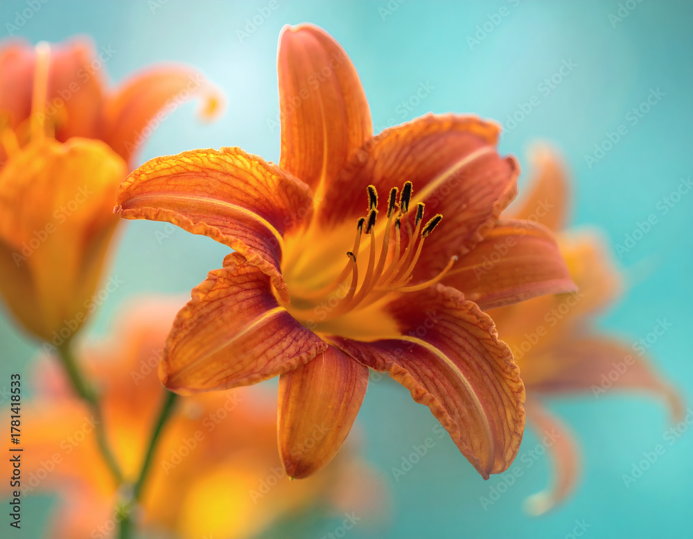 Obraz premium Artistic tiger lily on a soft blue floral background with blurred flowers. Aethereal beautiful blossom for greeting card, romantic, digital design, beauty theme, summer, or nature-inspired projects.