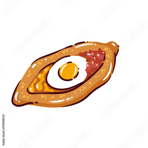 Turkish pide bread with fried egg, cheese, and sausage, traditional Turkish cuisine element in cartoon style with bright warm colors and appetizing texture, vector illustration.