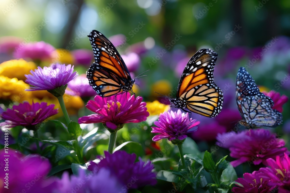 Obraz premium Vibrant butterflies flutter among colorful flowers in a serene garden setting