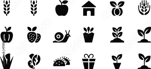 agriculture, food, nature, icons, wheat, apple, strawberry, plant, house, snail, taco, gift, leaf, greens, garden, illustration, vector, design, symbol, community