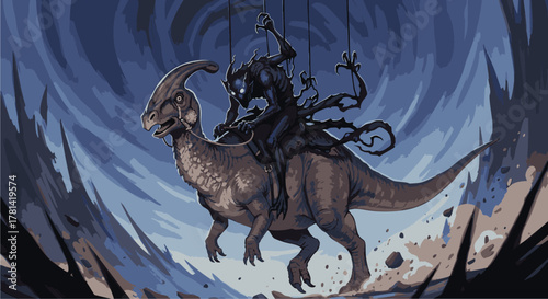 Mysterious dark entity with tendrils puppeteering a powerful dinosaur through a swirling vortex, a compelling digital fantasy artwork capturing primal control and otherworldly adventure
