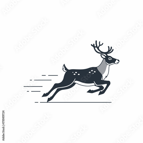 Running reindeer in motion with antlers and swift legs highlighted in dynamic pose. Agile reindeer showcases speed and grace while escaping through natural surroundings.
