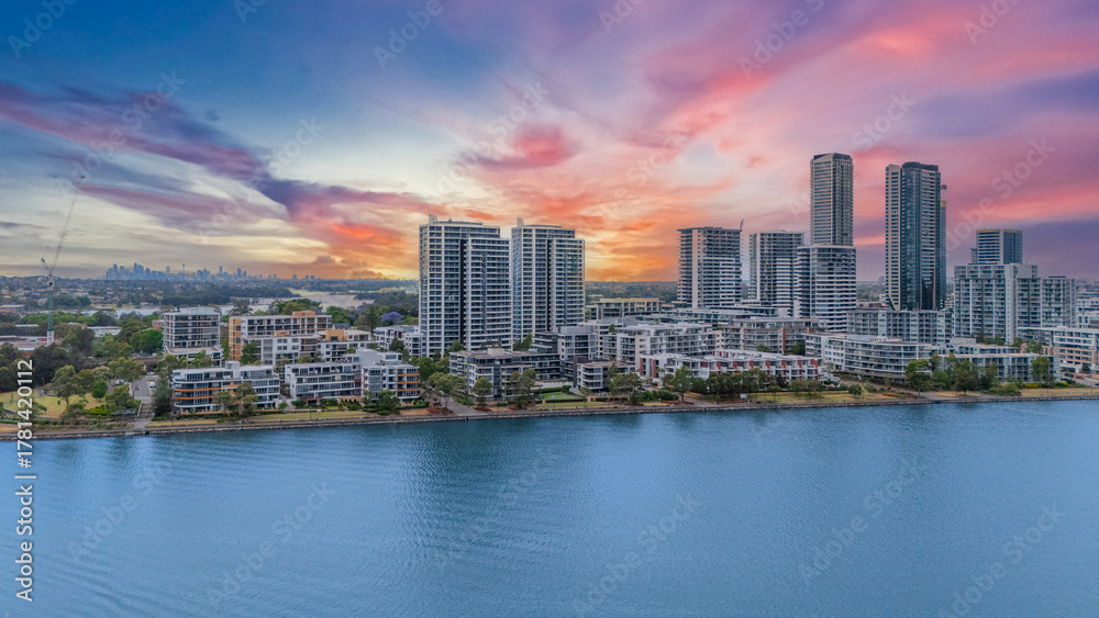 Fototapeta premium Wentworth Point a suburb in western Sydney newly built residential high rise apartments area on Parramatta River Sydney NSW Australia