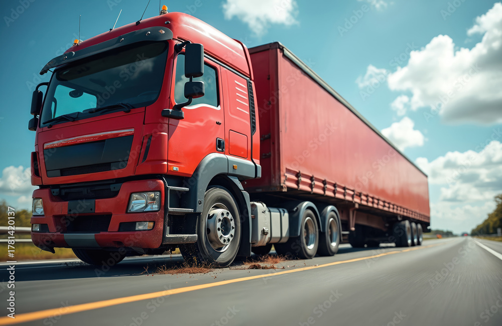 Fototapeta premium Big red semi truck drives on highway road. Truck has a large trailer. Front tire burst, causing debris on asphalt. Vehicle needs urgent roadside service due to wheel damage.