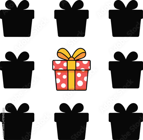 gift, box, present, icon, silhouette, colorful, standout, unique, celebration, holiday, party, surprise, design, illustration, vector, cartoon, character, symbol, decoration, festive