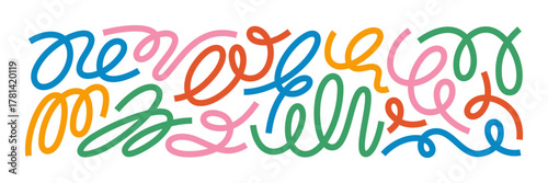 Color Wave Line Shapes Abstract Pattern. Wavy Organic Spiral Ribbons. Doodle Swirl Color Lines Set.