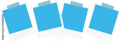 Realistic empty photo card frame, film set. Retro vintage photograph with transparent adhesive tape and paper clip. Digital snapshot image. Template or mockup for design. Vector illustration.