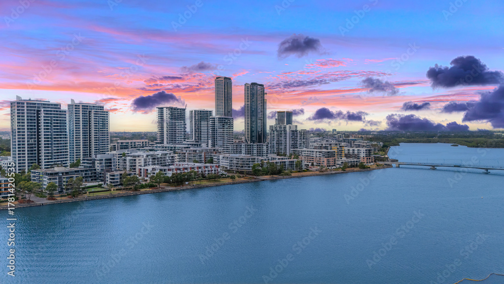 Fototapeta premium Wentworth Point a suburb in western Sydney newly built residential high rise apartments area on Parramatta River Sydney NSW Australia