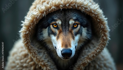 Close up portrait of wolf in sheep clothing. Animal has cunning expression, yellow eyes. Predatory mammal hides under disguise. It is concept of deception and hidden danger.