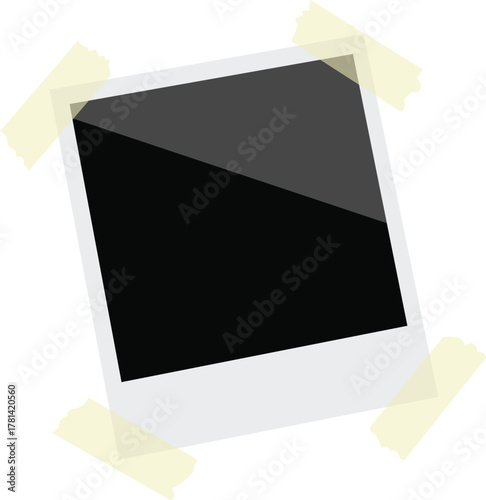 Realistic empty photo card frame, film set. Retro vintage photograph with transparent adhesive tape and paper clip. Digital snapshot image. Template or mockup for design. Vector illustration.