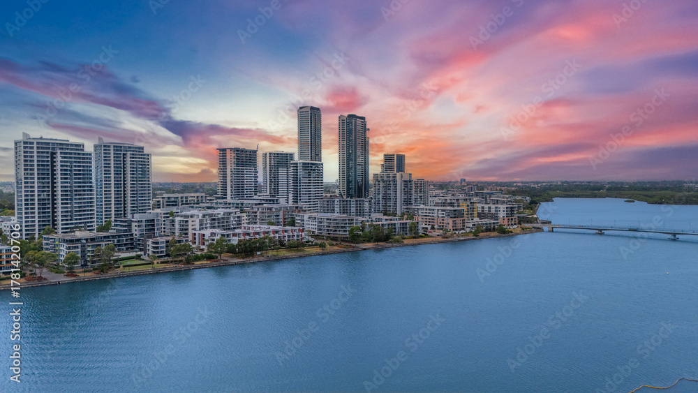 Fototapeta premium Wentworth Point a suburb in western Sydney newly built residential high rise apartments area on Parramatta River Sydney NSW Australia