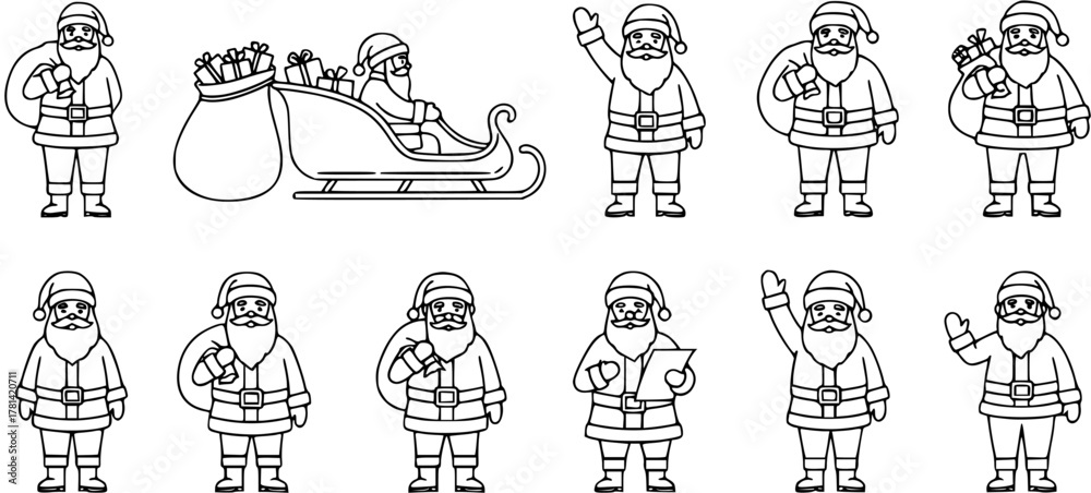Fototapeta premium Santa Claus Icons: Cheerful Cartoon Characters and Sleigh Vector Set
