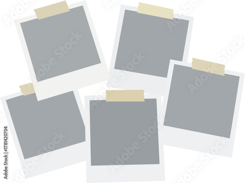 Realistic empty photo card frame, film set. Retro vintage photograph with transparent adhesive tape and paper clip. Digital snapshot image. Template or mockup for design. Vector illustration.