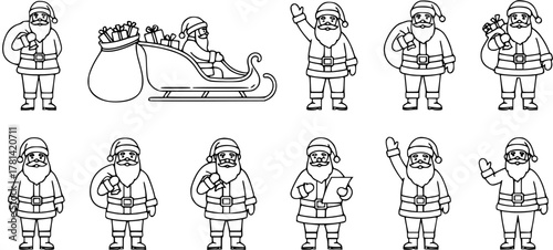 Santa Claus Icons: Cheerful Cartoon Characters and Sleigh Vector Set
