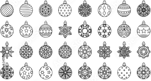 Christmas Ornaments Set. Black  White Line Art Vector Collection of Holiday Baubles  Snowflakes. Outline Decorations for Xmas, Coloring Book, Craft Projects.