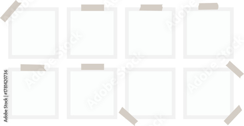 Realistic empty photo card frame, film set. Retro vintage photograph with transparent adhesive tape and paper clip. Digital snapshot image. Template or mockup for design. Vector illustration.