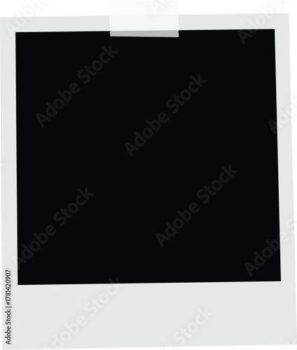 Realistic empty photo card frame, film set. Retro vintage photograph with transparent adhesive tape and paper clip. Digital snapshot image. Template or mockup for design. Vector illustration.