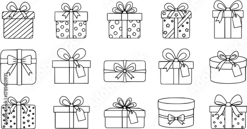 Festive Line Art: Collection of Black and White Gift Boxes for Coloring, Holiday Designs, and Creative Projects