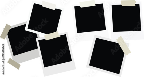 Realistic empty photo card frame, film set. Retro vintage photograph with transparent adhesive tape and paper clip. Digital snapshot image. Template or mockup for design. Vector illustration.