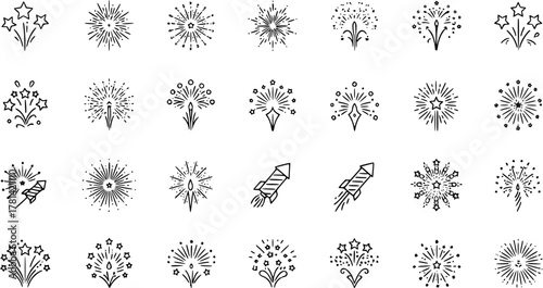 Festive Fireworks Collection: Hand-Drawn Vector Icons for Celebrations and Special Occasions