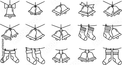 Christmas bells and stockings icon set