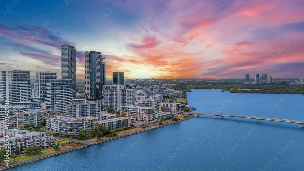 Fototapeta premium Wentworth Point a suburb in western Sydney newly built residential high rise apartments area on Parramatta River Sydney NSW Australia