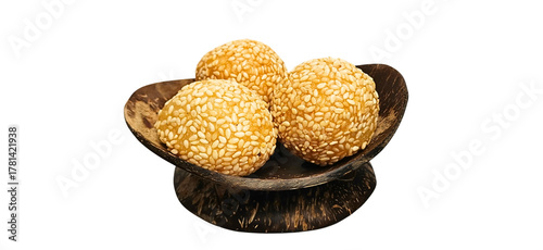 Asian Sesame Onde-Onde Snack Served in Wooden Bowl on Transparent Background