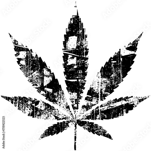 Marijuana Leaf Grunge Texture in Botanical Illustration