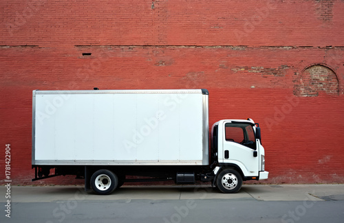 White box truck rests against textured red brick wall on city street. Clean, modern vehicle ready for delivery transport. Blank cargo space offers customization for businesses. Pro automobile sits in © Pete