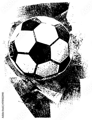 Soccer ball floats above abstract shapes texture