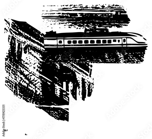 Train travels through landscape block print