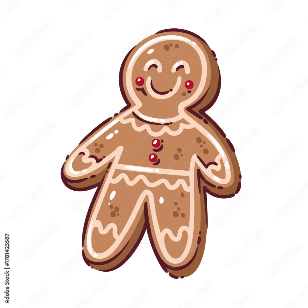 Obraz premium Smiling gingerbread man with icing details and red buttons. Cute cartoon doodle style christmas cookie for holiday cards, stickers, or festive decor, vector illustration.
