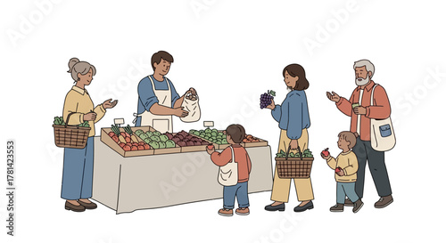 Photos Customers at a farmers market buying fresh produce and interacting with the vend