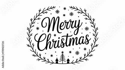 Merry christmas hand lettered calligraphy within a festive winter wreath with snowflakes and a small village scene