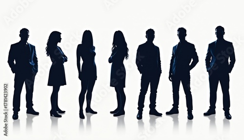 Seven diverse people in silhouette stand together. Men and women in formal attire represent a united team or group. They show diversity and unity for business or social purposes.
