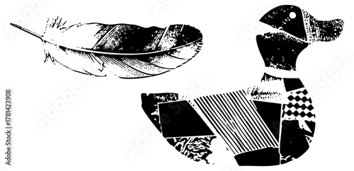 Feather floats with abstract bird illustration