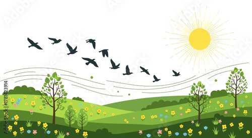 Idyllic panoramic spring landscape with rolling green hills, blooming flowers, and a flock of birds flying towards the sun