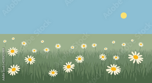 A peaceful landscape featuring daisies under a clear sky with a sunny touch