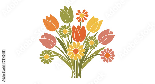 Artistic floral arrangement with stylized tulips and daisies illustration