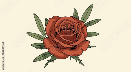 Detailed floral illustration of a stylized rose with leaves and thorns
