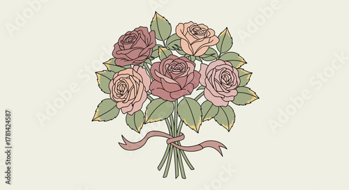 Elegant bouquet of roses with pastel hues and a subtle ribbon accent