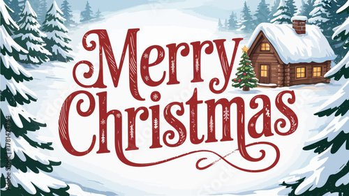 Cozy log cabin in snowy winter forest with merry christmas greeting and decorated tree