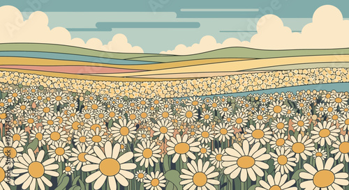 Retro Daisy Field Illustration with Pastel Toned Hills and Sky Backdrop