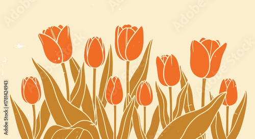 Retro styled floral pattern with orange tulip flowers on a soft background