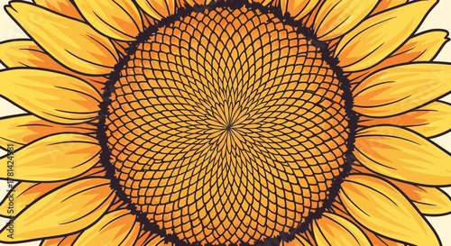 Striking close-up of a bright, stylized sunflower with bold lines and vivid colors