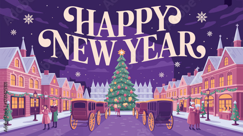 Happy new year greeting with festive christmas tree and horse drawn carriages on a snowy street