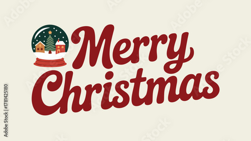 Retro style merry christmas greeting with a charming snow globe scene and festive typography