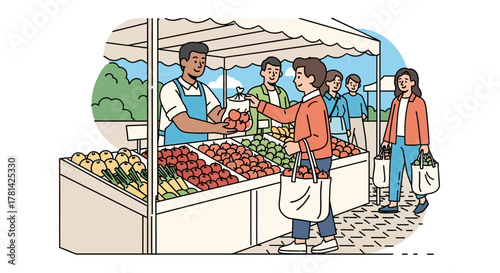 Outdoor market stall with vendor selling fresh produce to customers, illustration