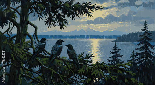 Raven Trio in the Rain A Tranquil Scene of Nature's Beauty and Mystery