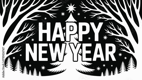 Happy new year text with stylized winter trees and stars on black background